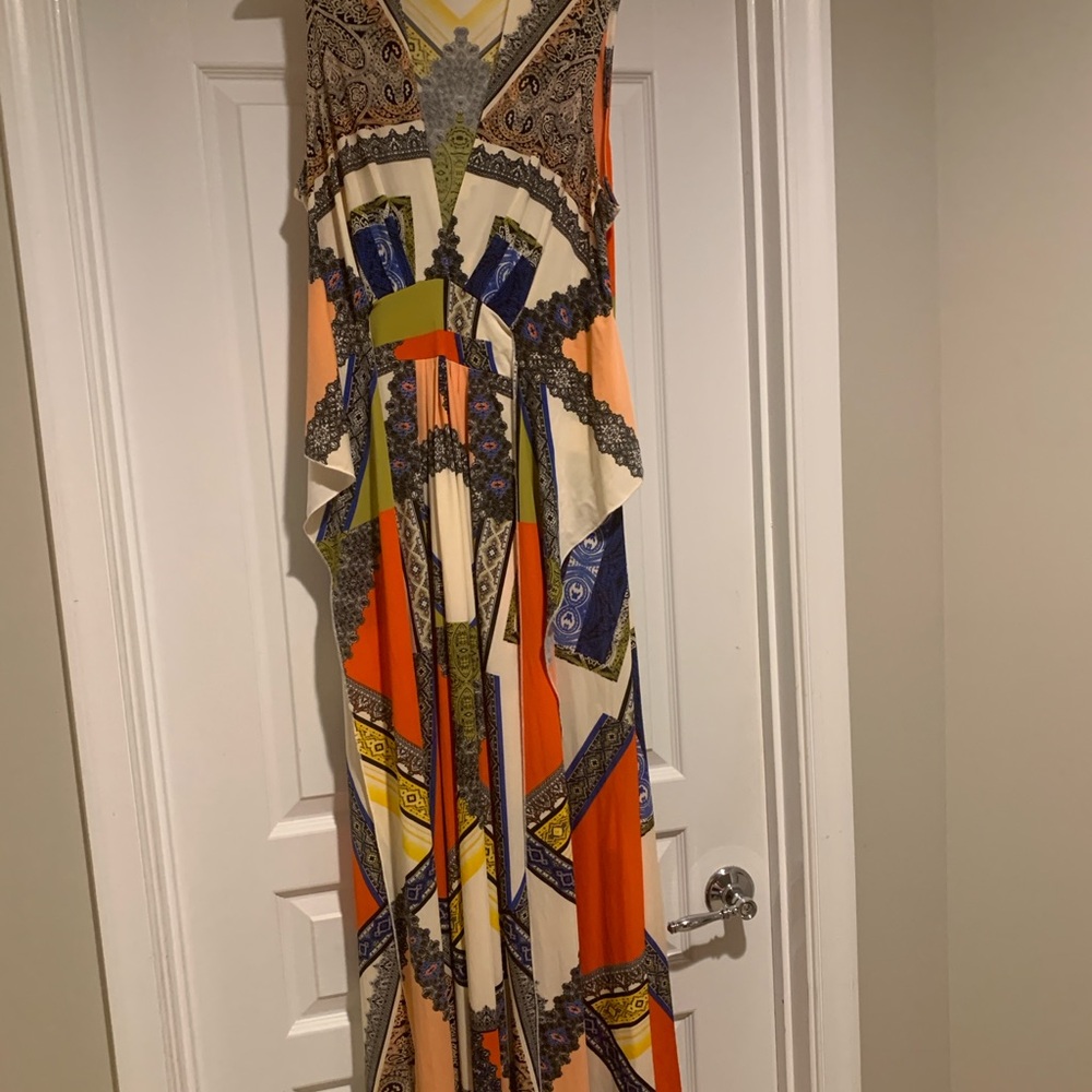 Boston Proper Orange, Blue, Tan, and Black Maxi Dress with scarf waist tie. - Picture 2 of 8